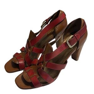 Cole Haan Brown and Red Leather Strappy High Heel Sandals